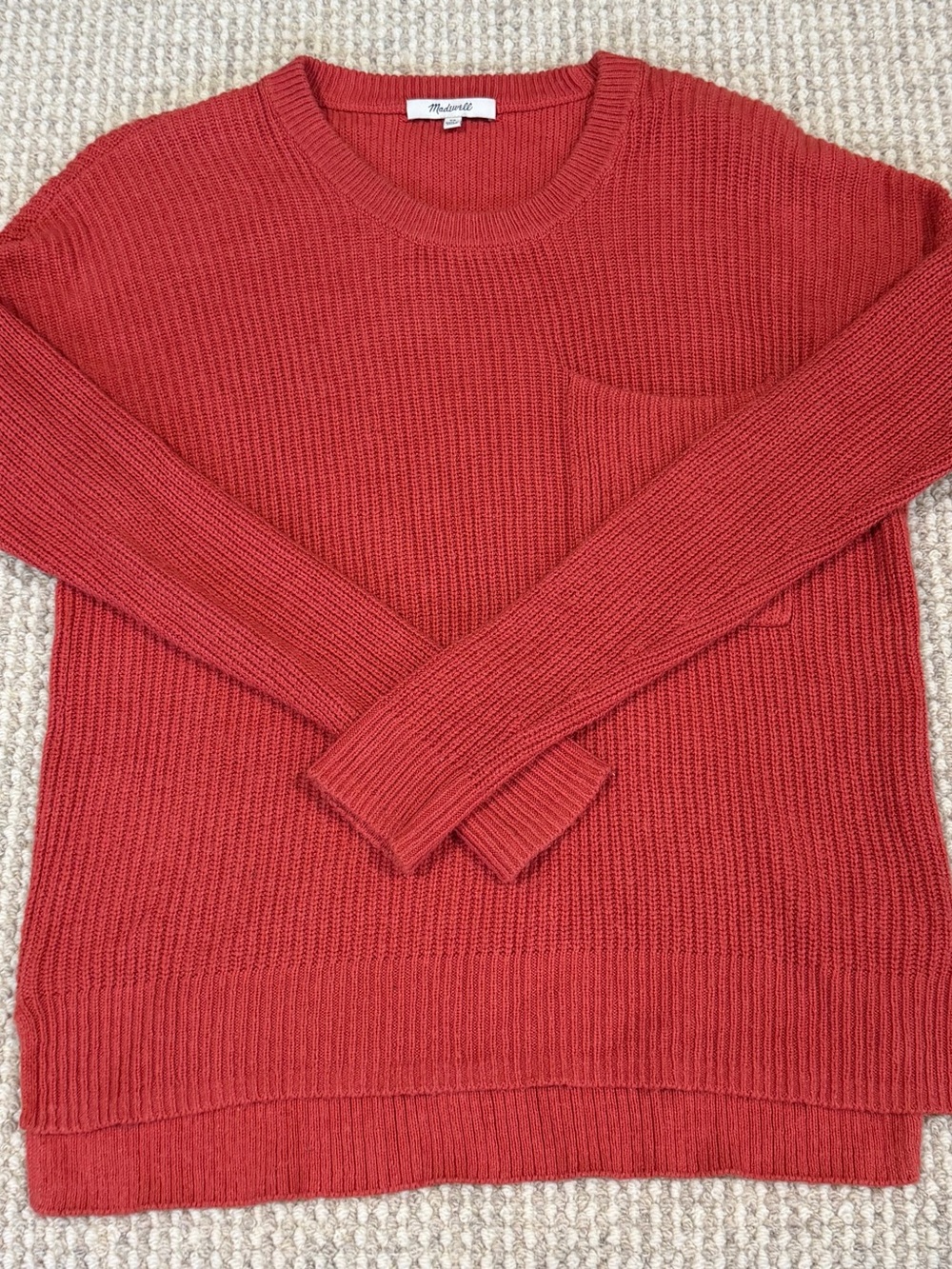 Madewell Womens XS Red Rib-Knit Crew Neck Long Sleeve Pocket Pullover Sweater